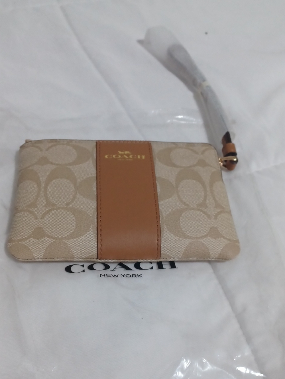 Coach Beige Signature Canvas Wristlet with Tan Stripe